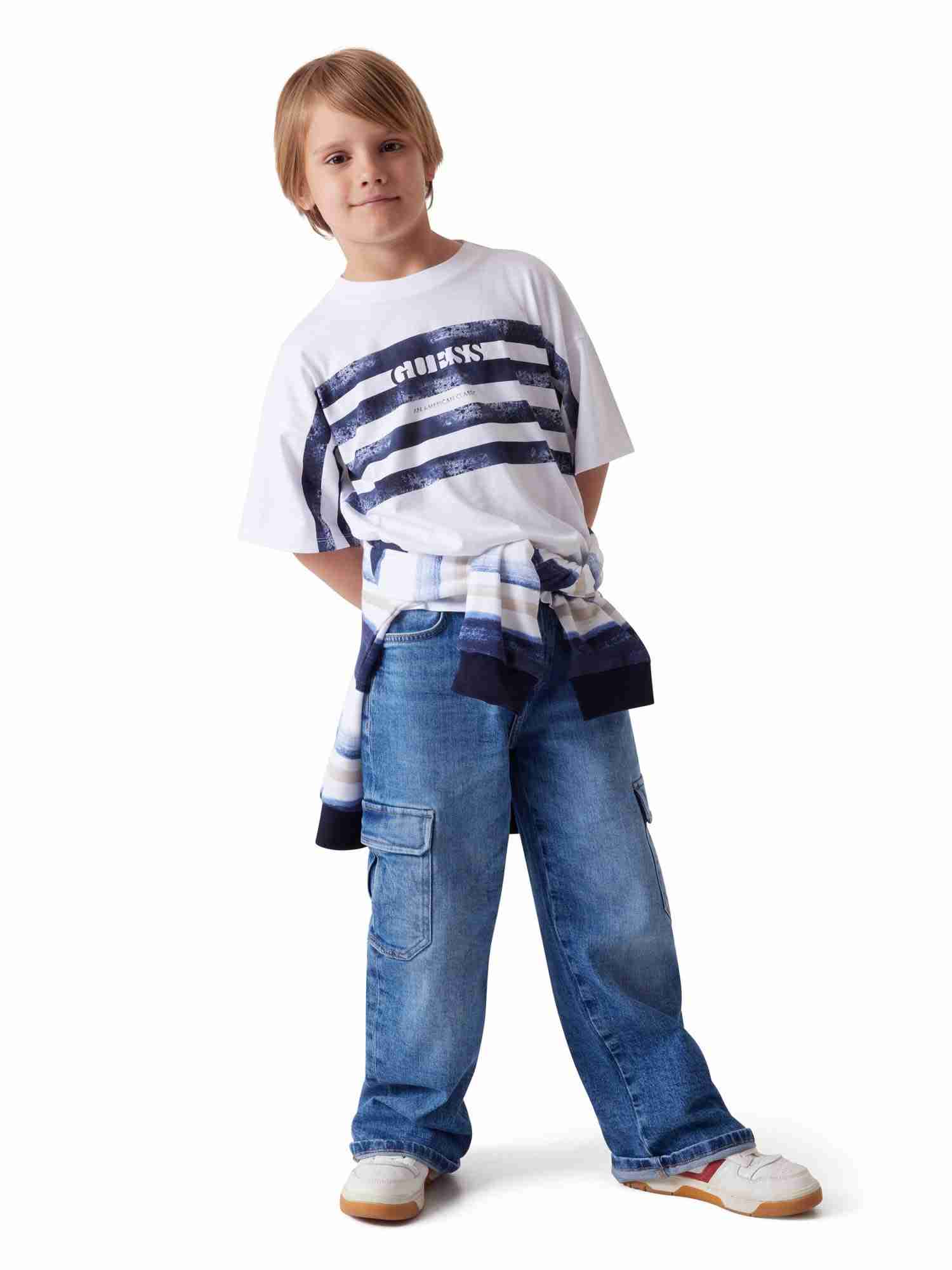 Guess Kids Boys White Stripes Round Neck Short Sleeve Mid Organic T-Shirt