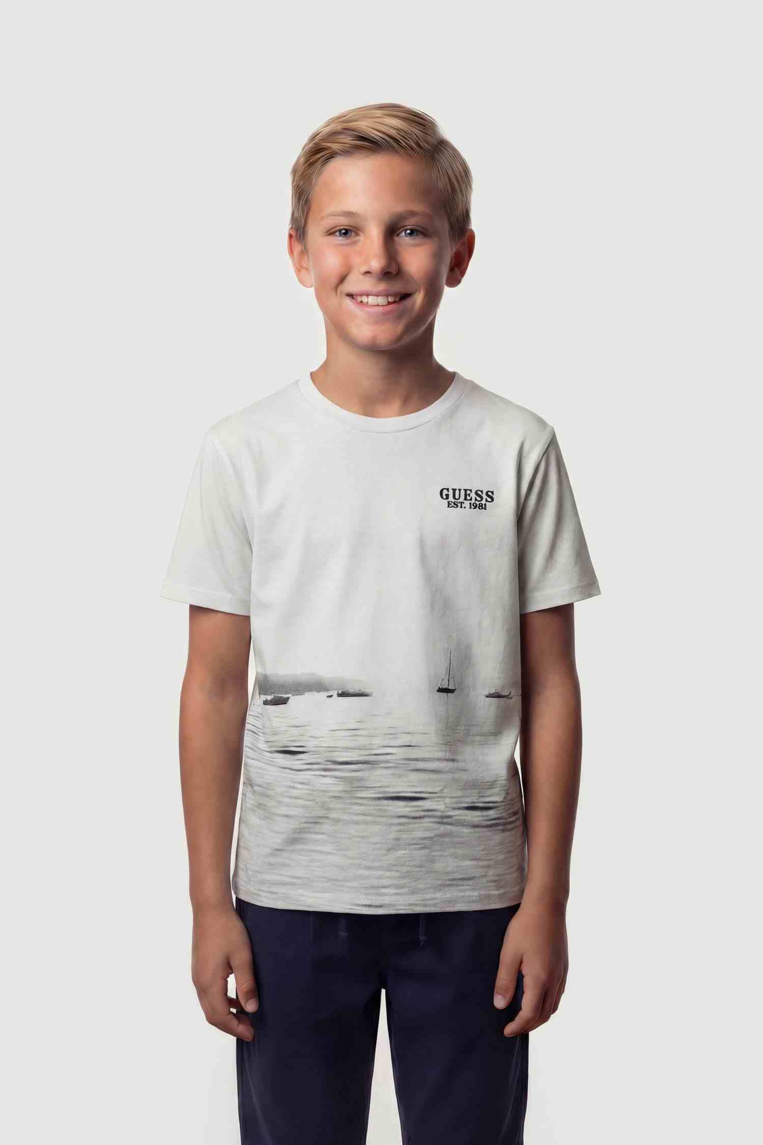 Guess Kids Boys White Sea Fantasy Round Neck Short Sleeve Mid Organic T-Shirt
