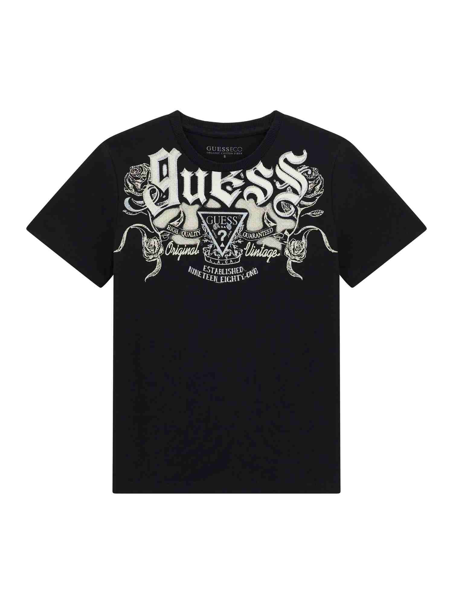 Guess Kids Boys Black Graphic Round Neck Short Sleeve Mid Organic T-Shirt