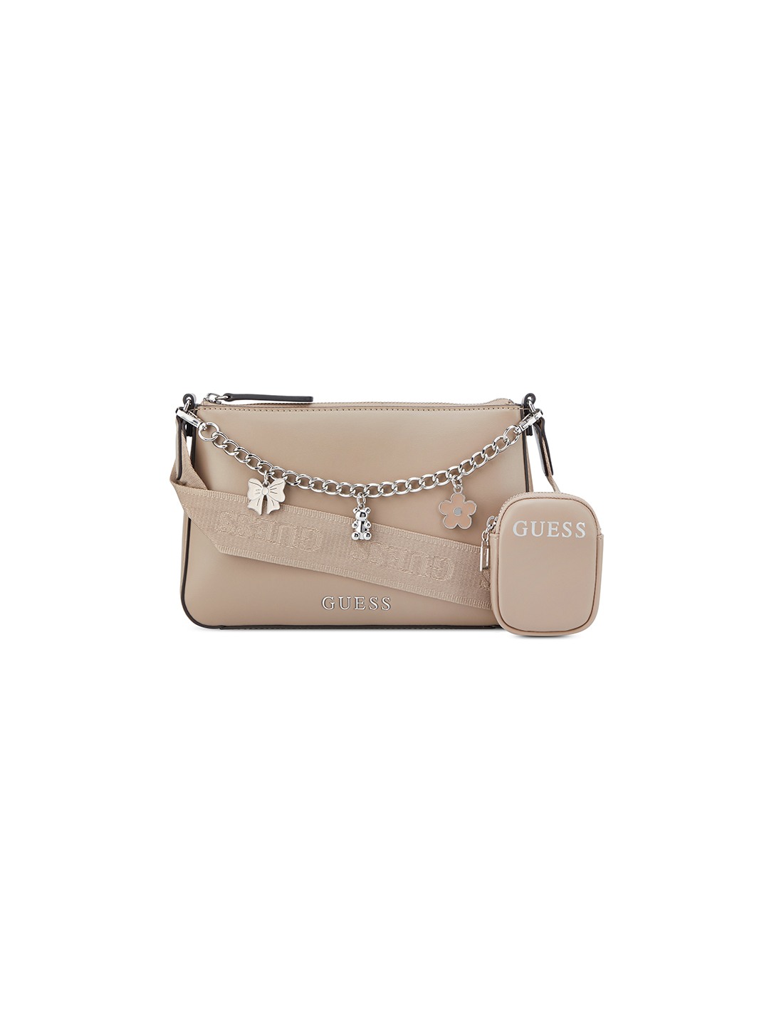 Taupe Solid Zipper Fiora Mini Top Zip Shoulder Bag With Pouch
