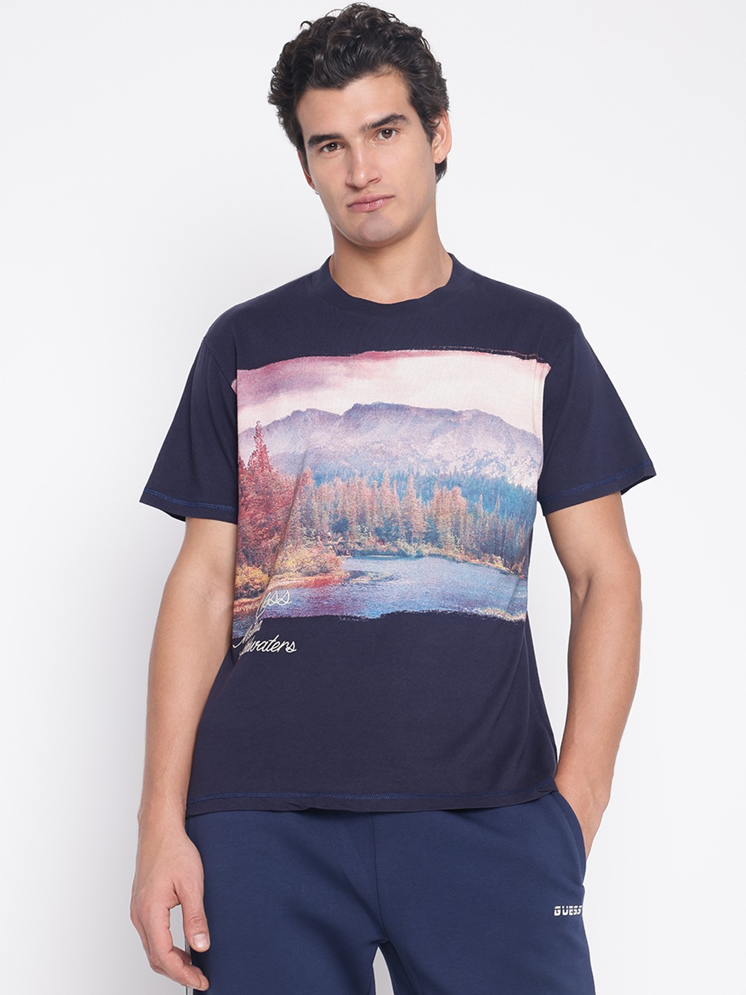 Dark Blue Printed Crew Neck Short Sleeve T-Shirt