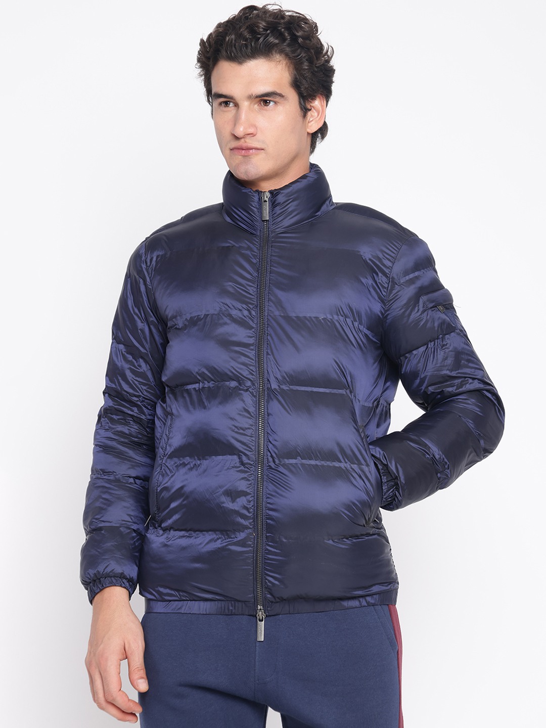Dark Blue Quilted Mock Neck Full Sleeve Puffer Jacket