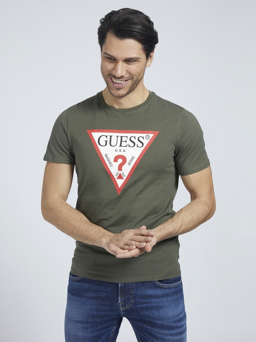 Men Olive Green Graphic Logo Crew Neck Short Sleeves T-Shirt