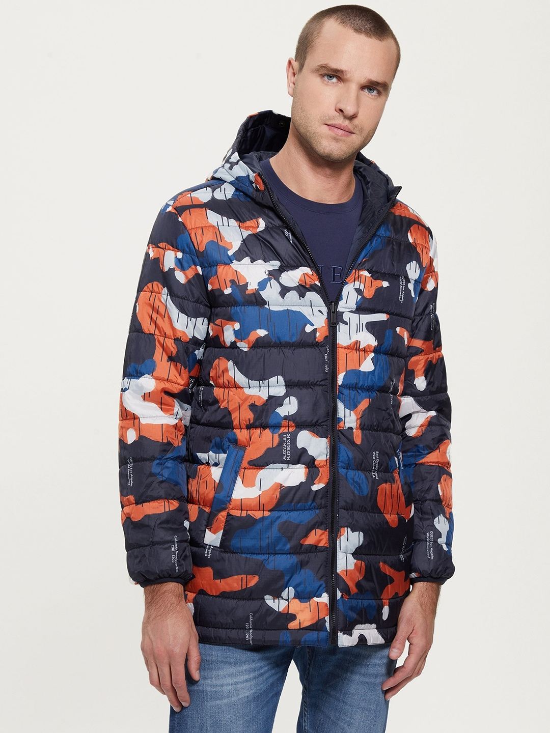 Men Navy Abstract Hooded Long Sleeves Reversible Jacket