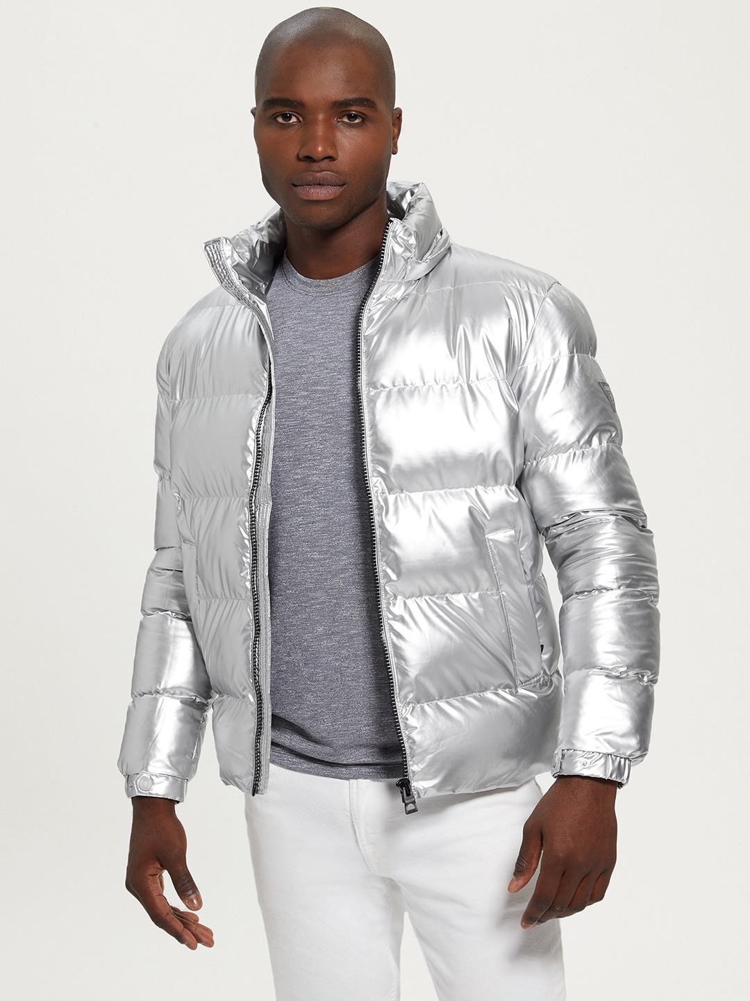 Men Silver Solid Detachable Hooded Long Sleeves Jacket