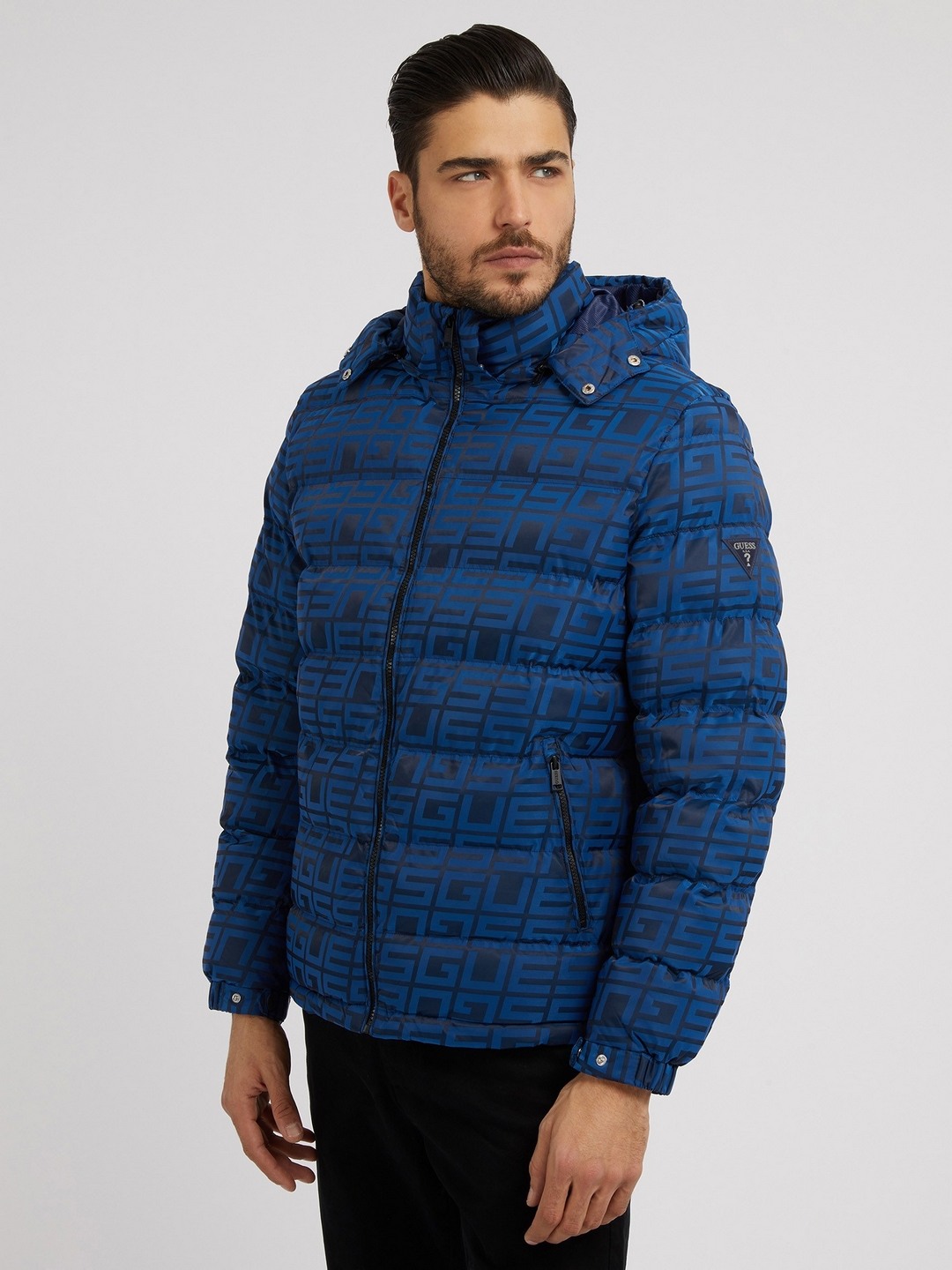 Blue Printed Hooded Neck Puffer Jacket