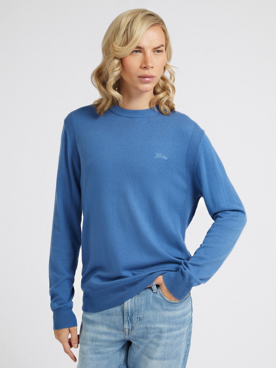 Blue Solid Round Neck Sweater