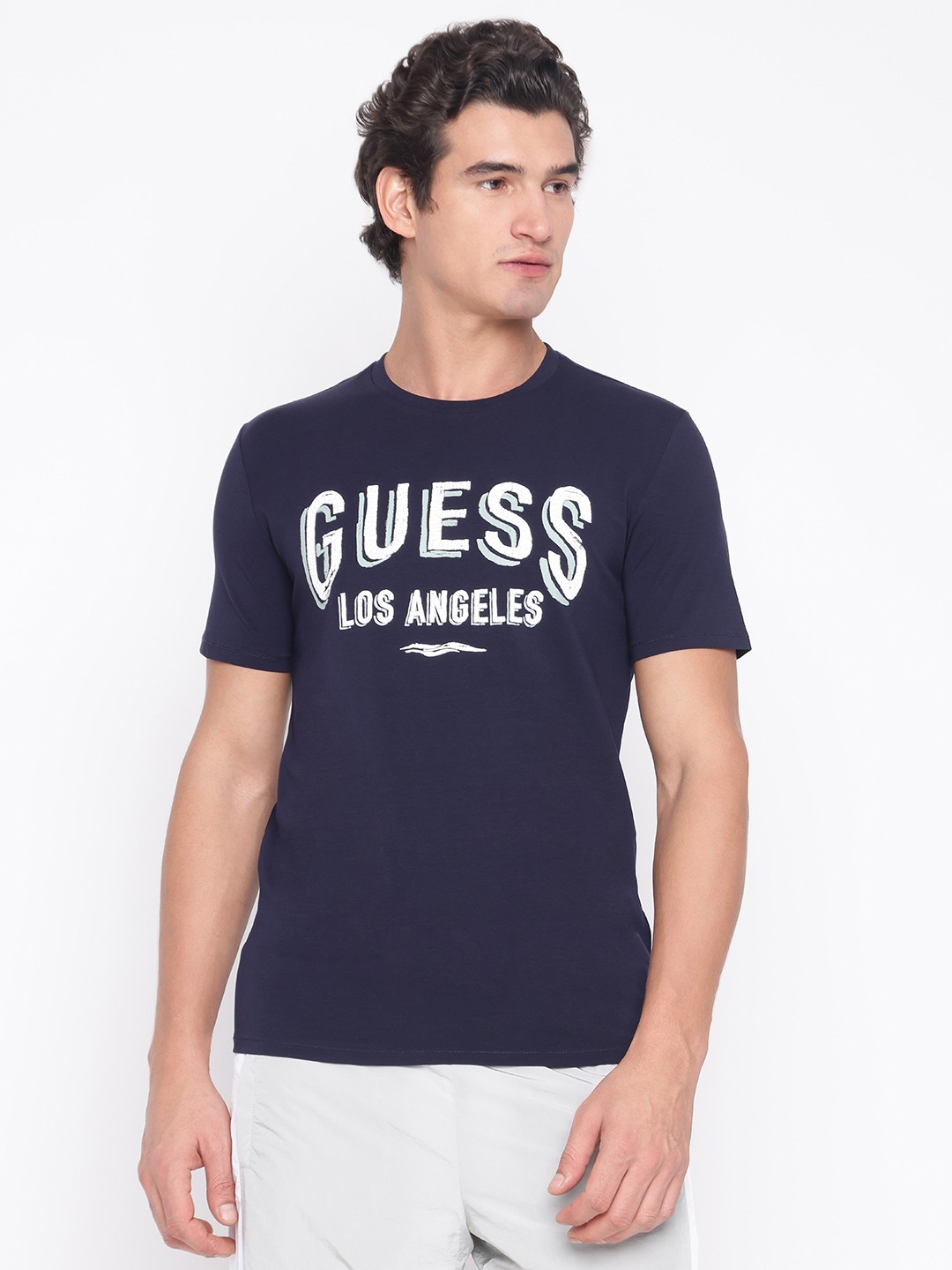Dark Blue Printed Crew Neck Short Sleeve T-Shirt