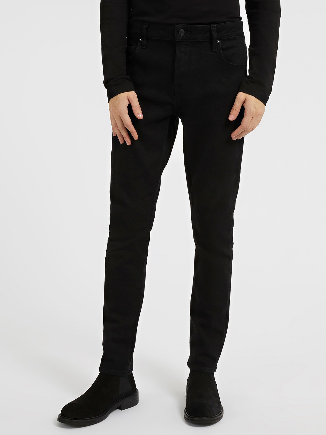 Black Cotton Blend Solid Super Skinny Fit Jeans