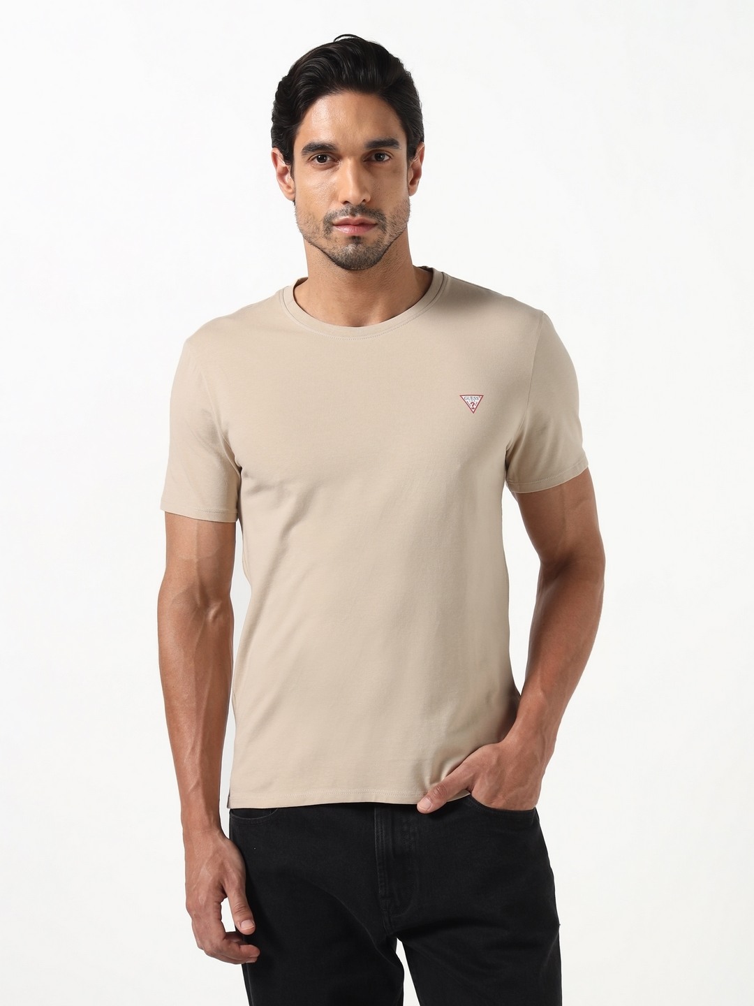 Guess Men Core Beige Solid Round Neck Knit Slim Fit T-Shirt