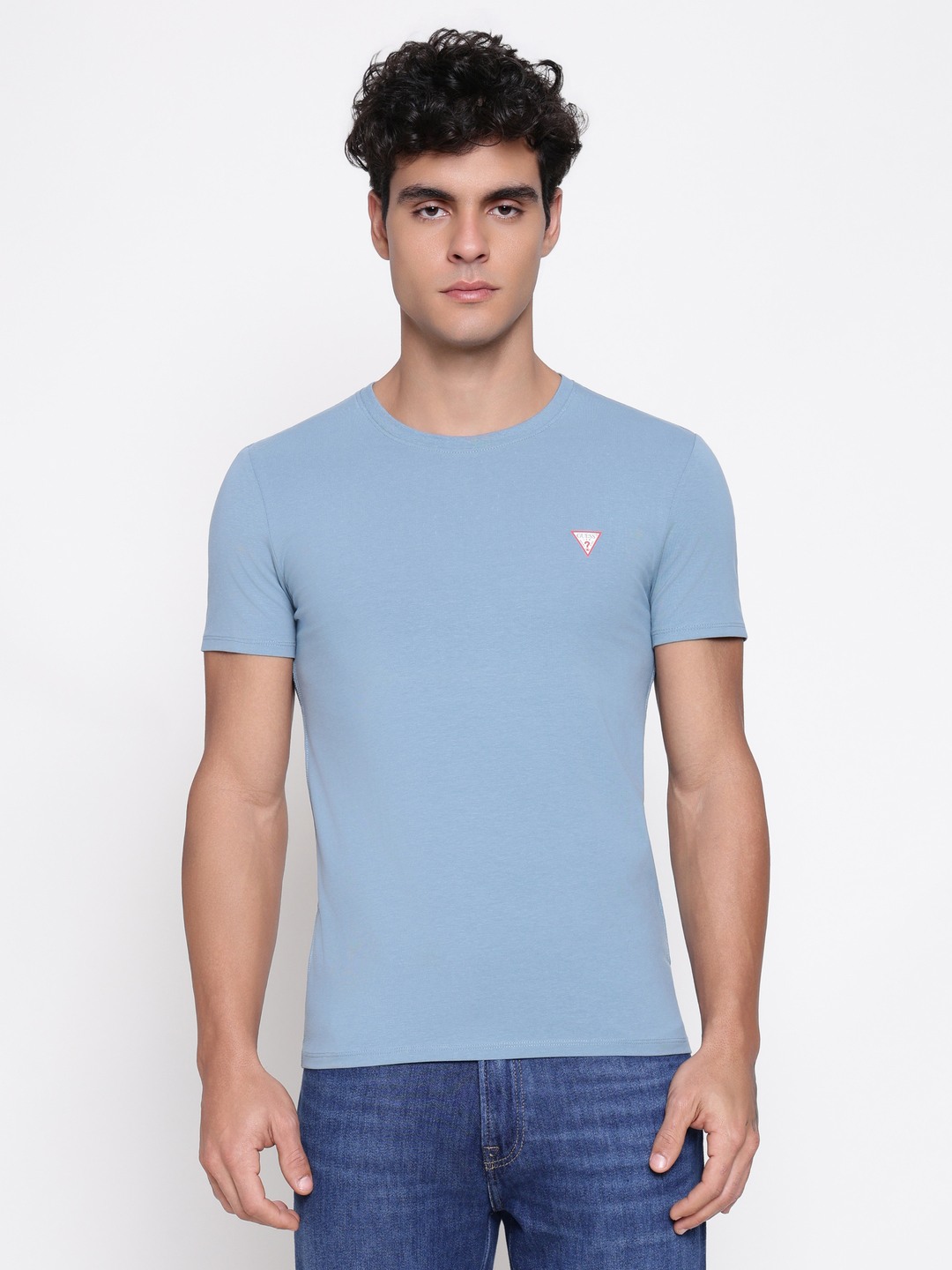 Guess Men Core Honest Blue Solid Round Neck Regular Fit T-Shirt