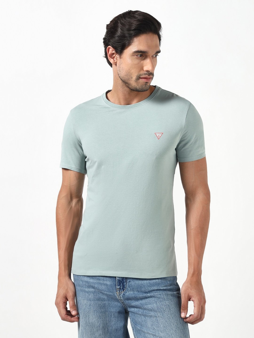 Guess Men Core Full Grey Solid Round Neck Half Sleeves Knit T-Shirt