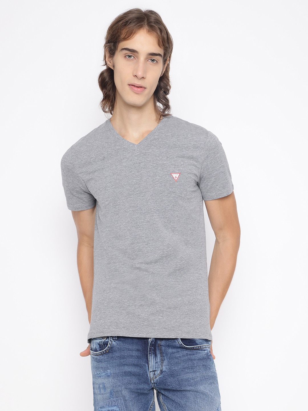 Guess Men's Grey Solid V-Neck Short Sleeves T-Shirt