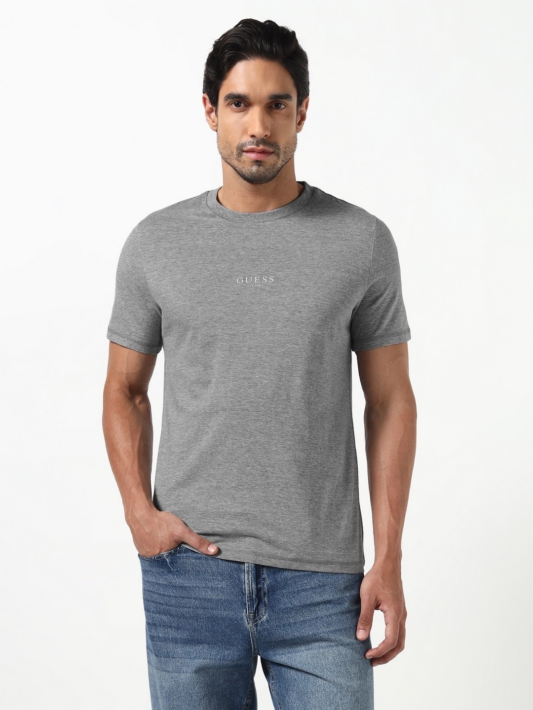 Guess Men Aidy Grey Solid Round Neck Knit Regular Fit T-Shirt