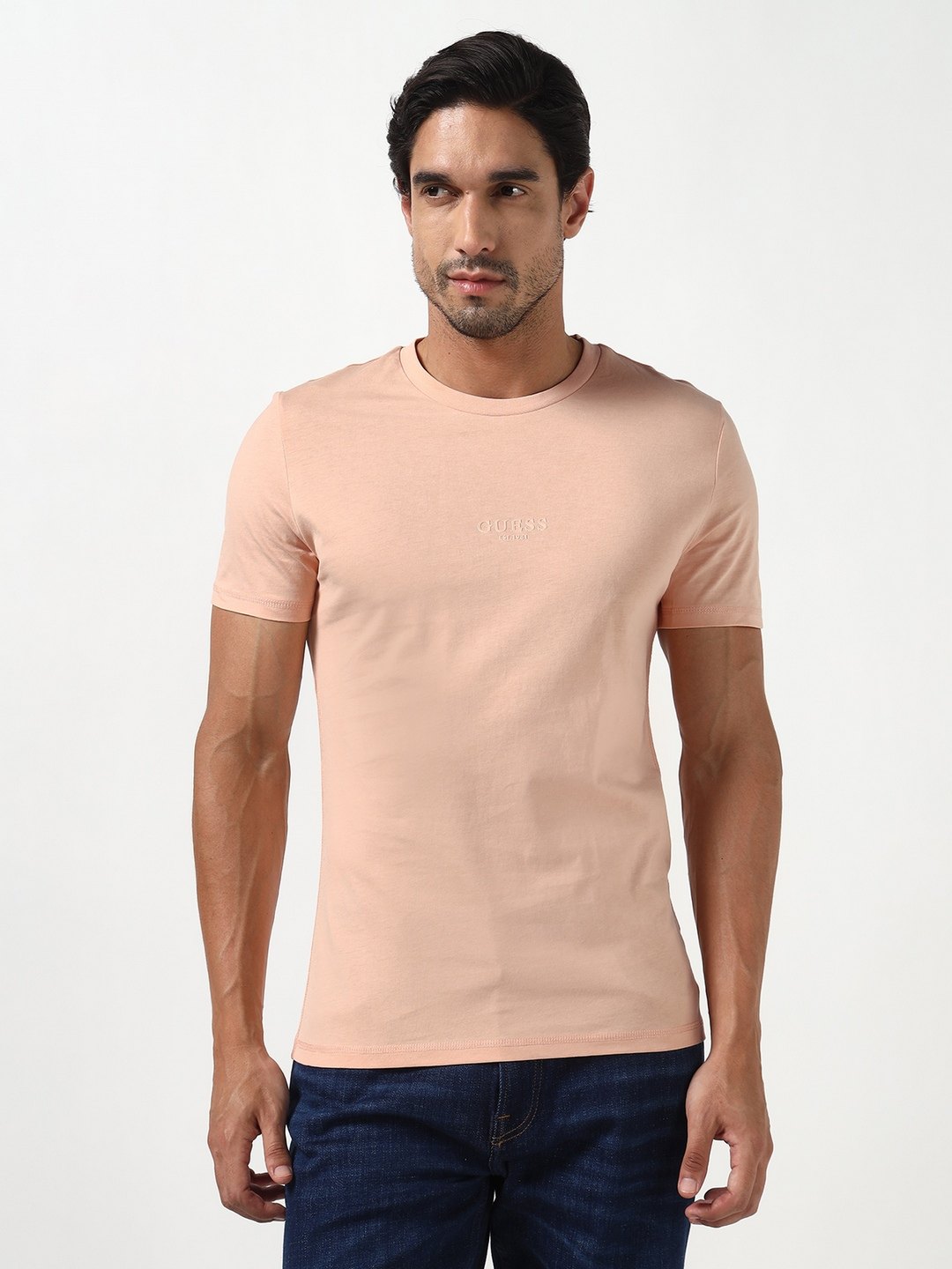 Guess Men Aidy Primer Pink Solid Round Neck Half Sleeves Knit T-Shirt