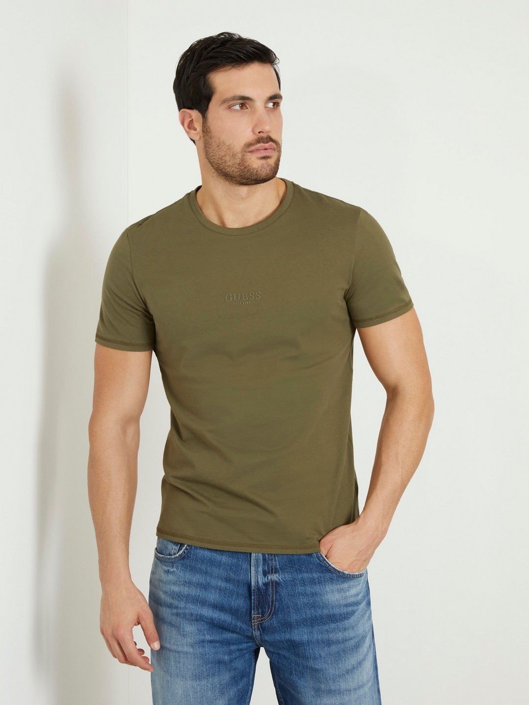 Men Olive Solid Round Neck T-shirt