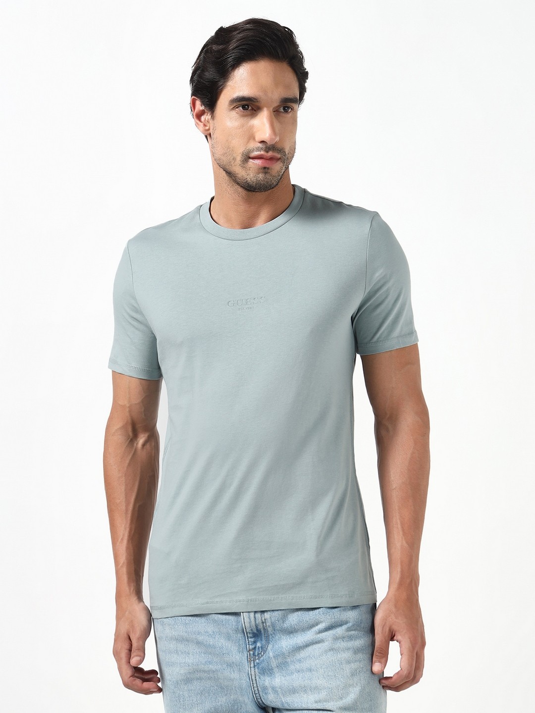 Guess Men Aidy Full Grey Solid Round Neck Half Sleeves Knit T-Shirt