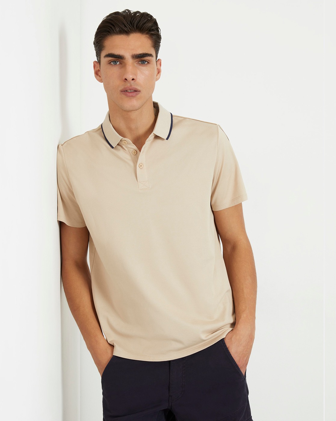 Men's Beige Cotton Solid Regular Fit Polo T-shirt