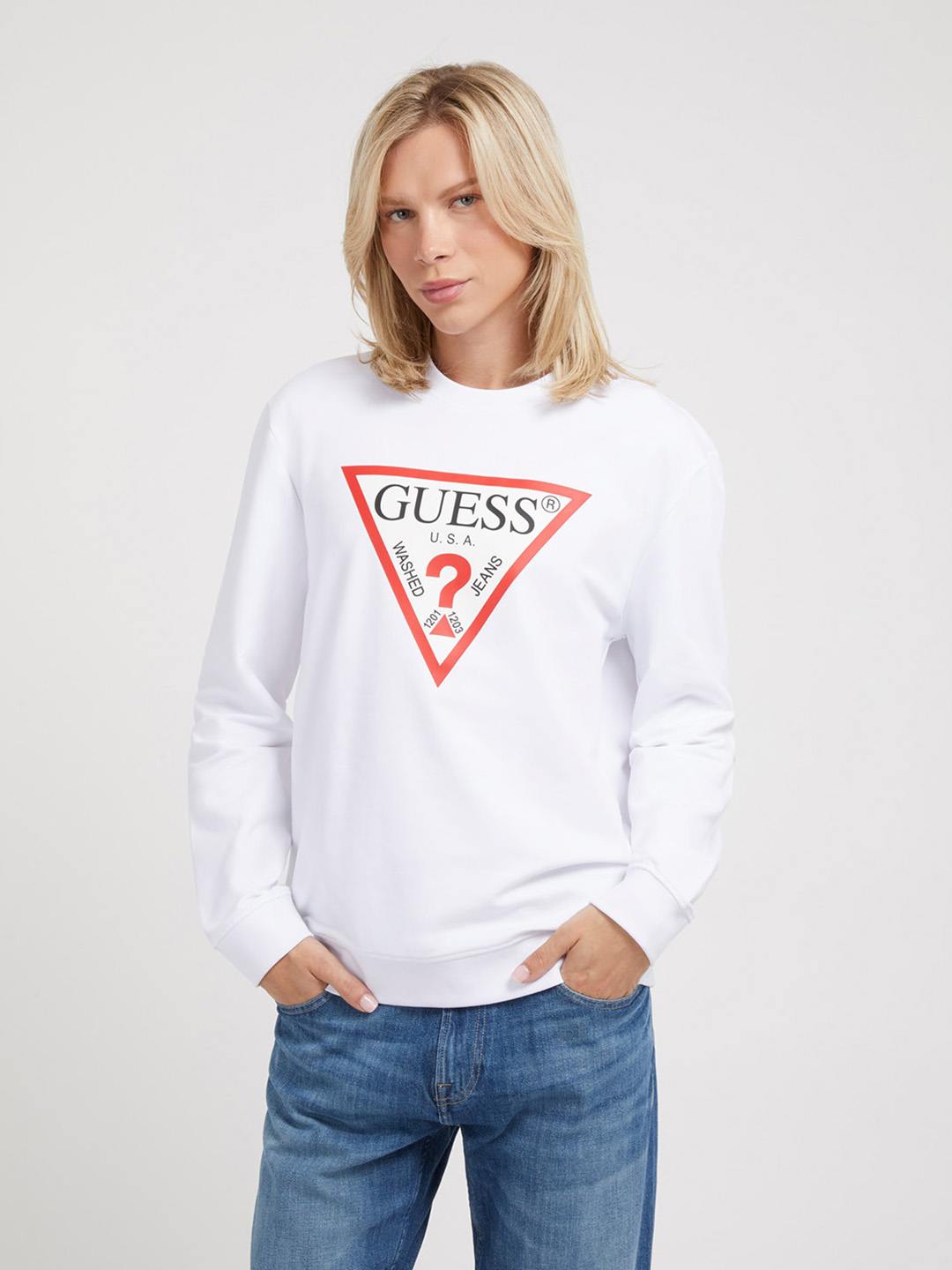 Guess Men's Pure White Printed Round Neck Full Sleeve Audley Fleece Sweatshirt