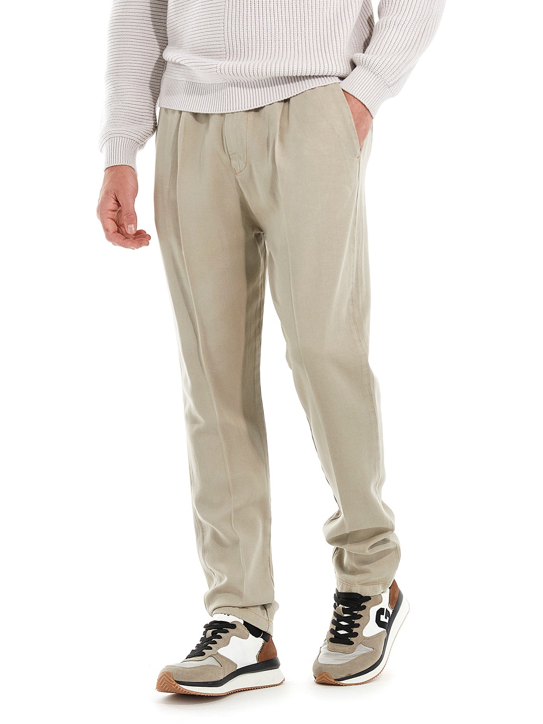 Guess Beige Lyocell Solid Slim Fit Trouser