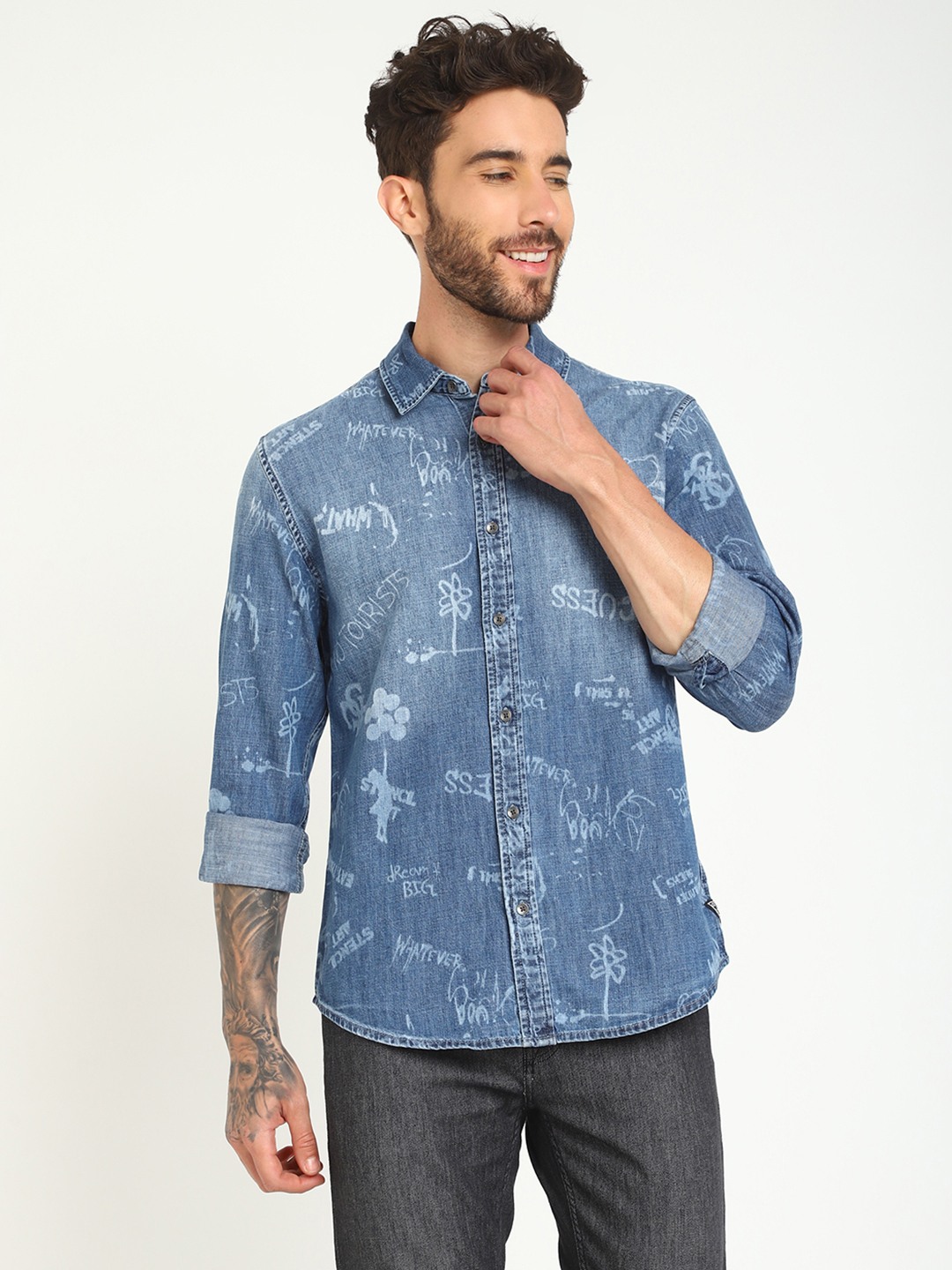 Blue Printed Spread Collar Full Sleeves Denim Shirt