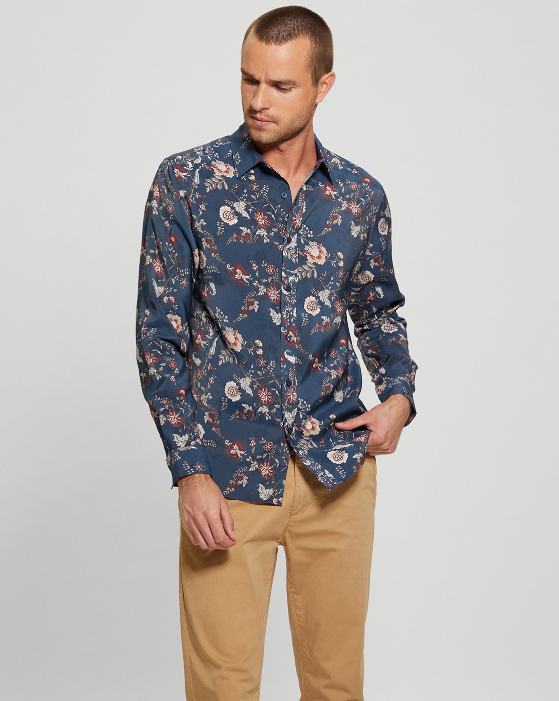 Blue Printed Spread Collar Full Sleeves Shirt