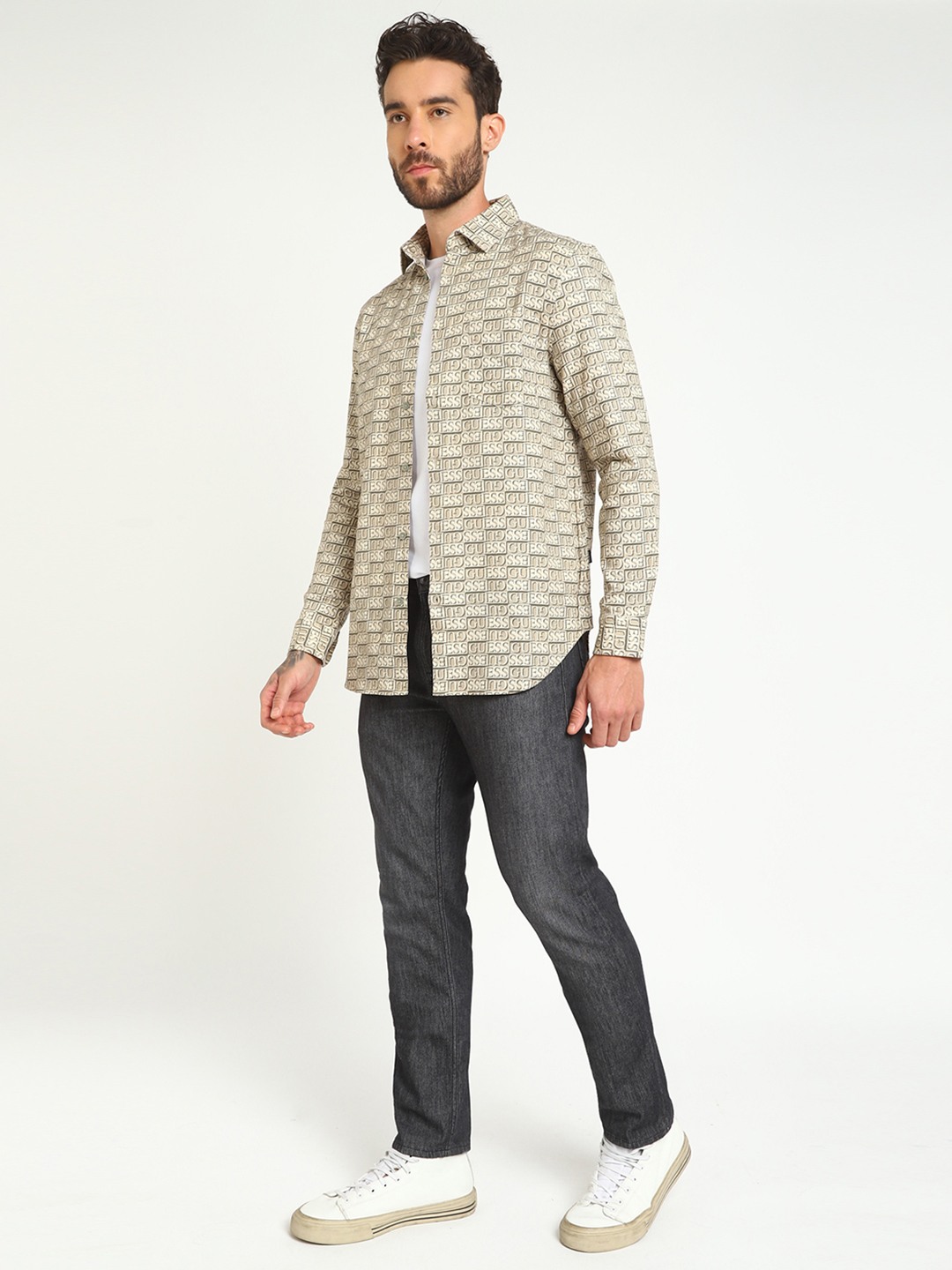 Brown Printed Spread Collar Full Sleeves Shirt