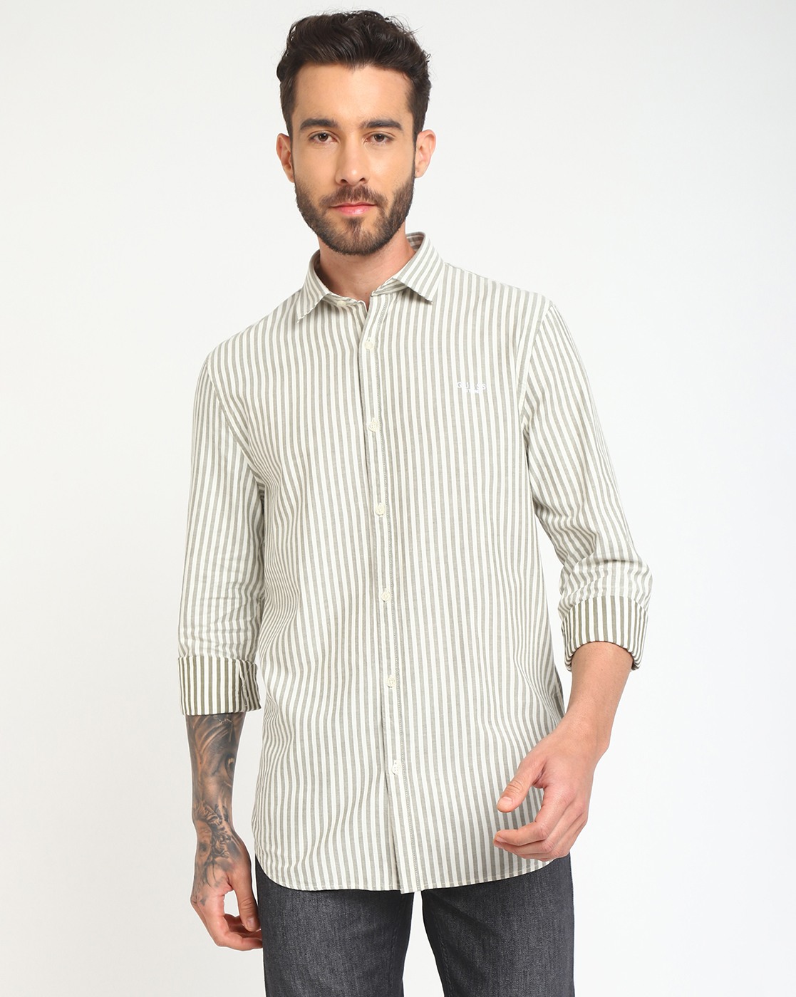 Men's White Cotton Stripes Regular Fit Full Sleeves Shirts