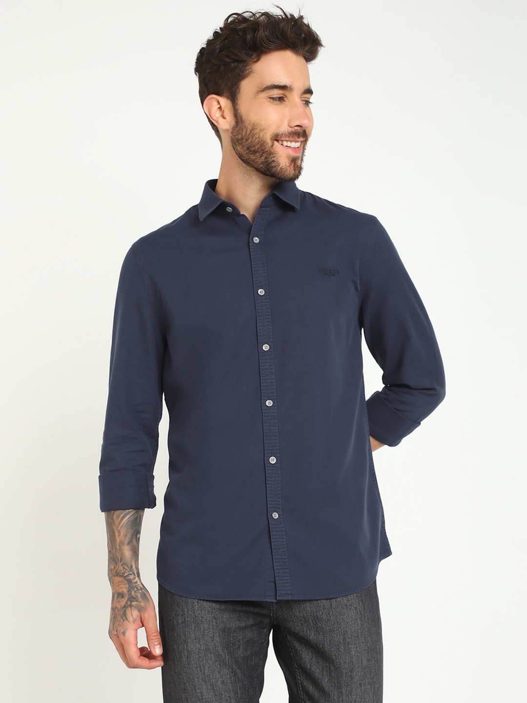 Blue Solid Spread Collar Full Sleeves Shirt