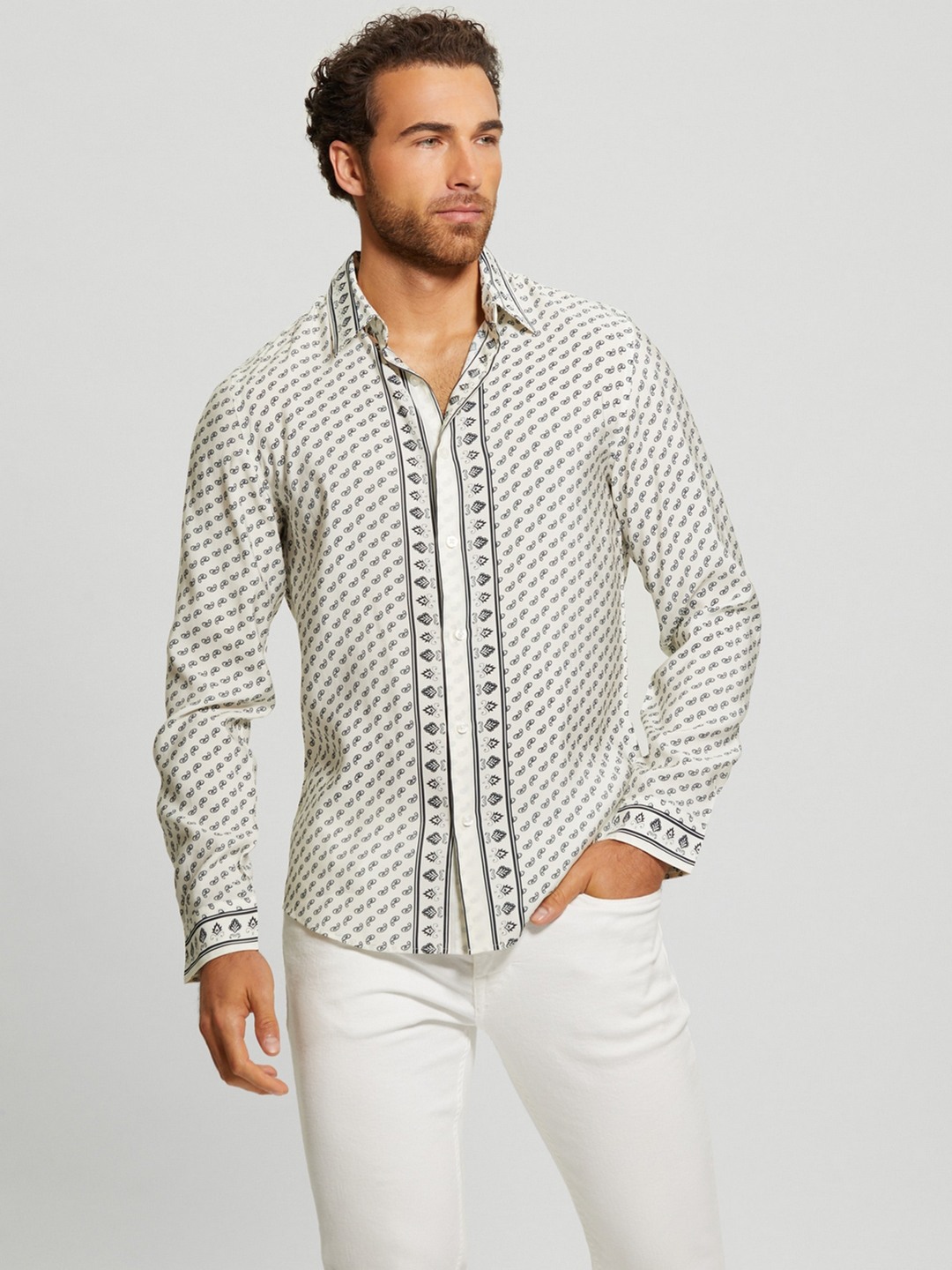 White Modal Blend Printed Spread Collar Shirt