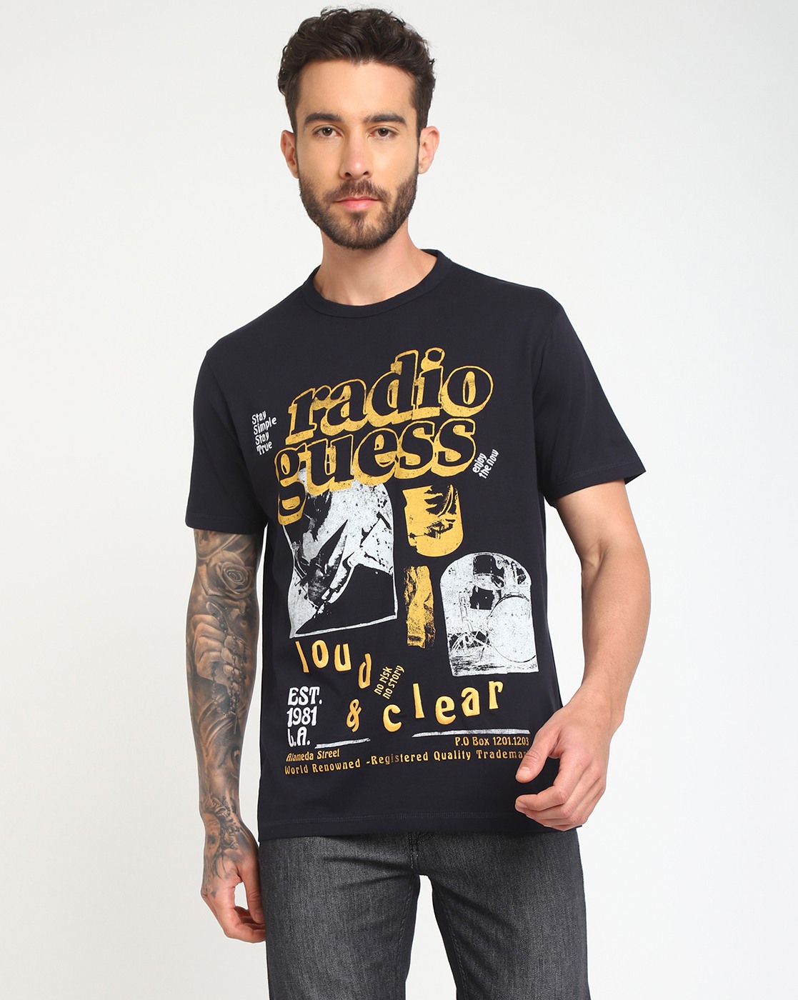 Men's Blue Cotton Graphic Regular Fit Half Sleeves T-shirt