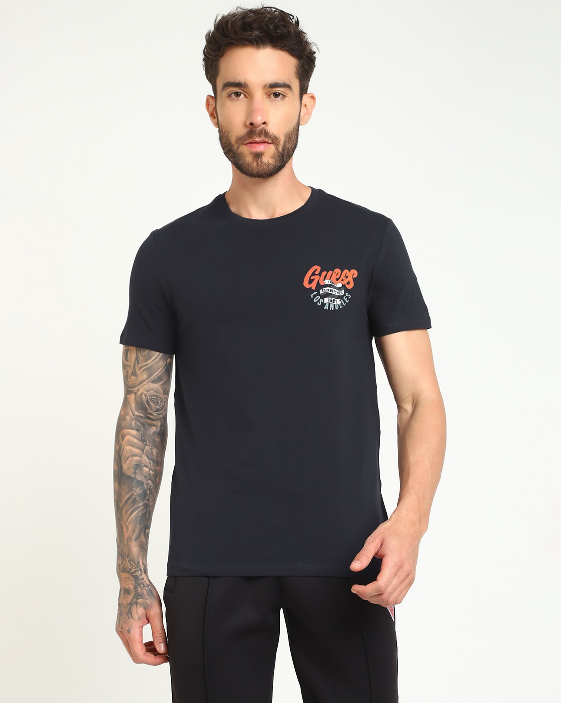 Men's Blue Cotton Logo Slim Fit Half Sleeves T-shirt