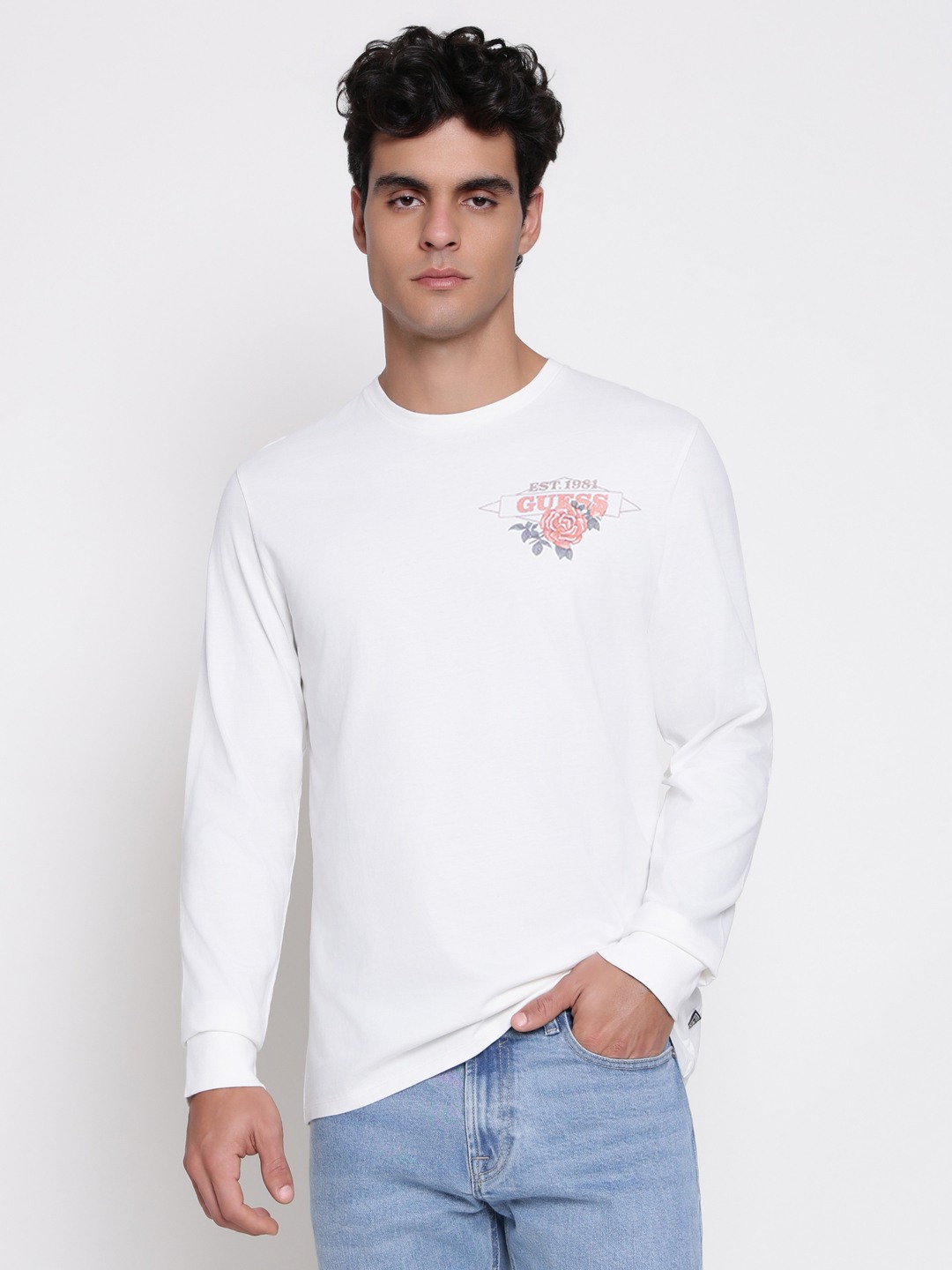 Guess Men East West Salt White Multi Floral Round Neck Regular Fit T-Shirt