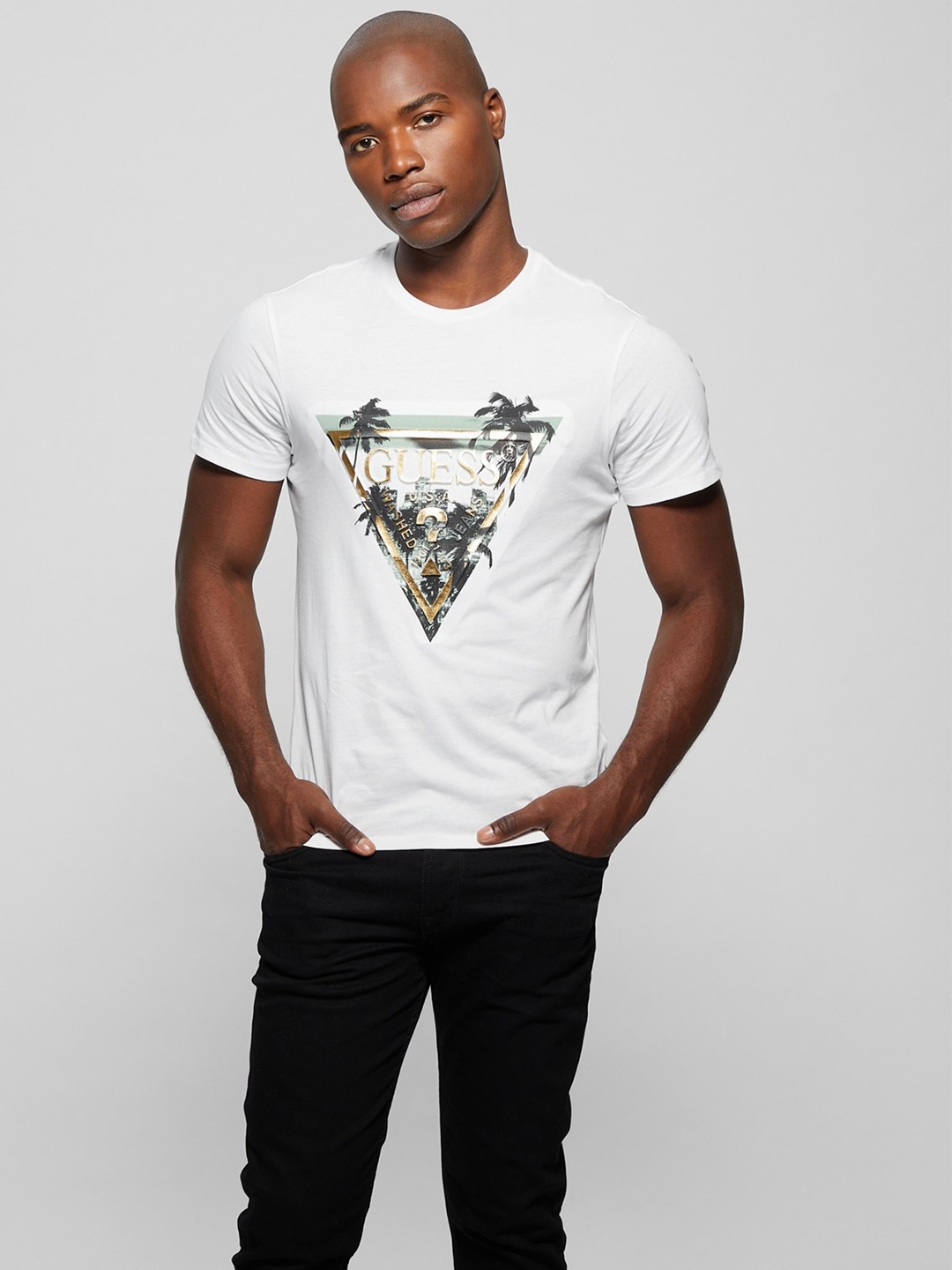 White Printed Round Neck Short Sleeves T-shirt