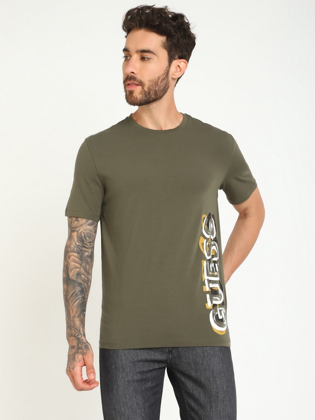 Olive Printed Round Neck Short Sleeves T-shirt