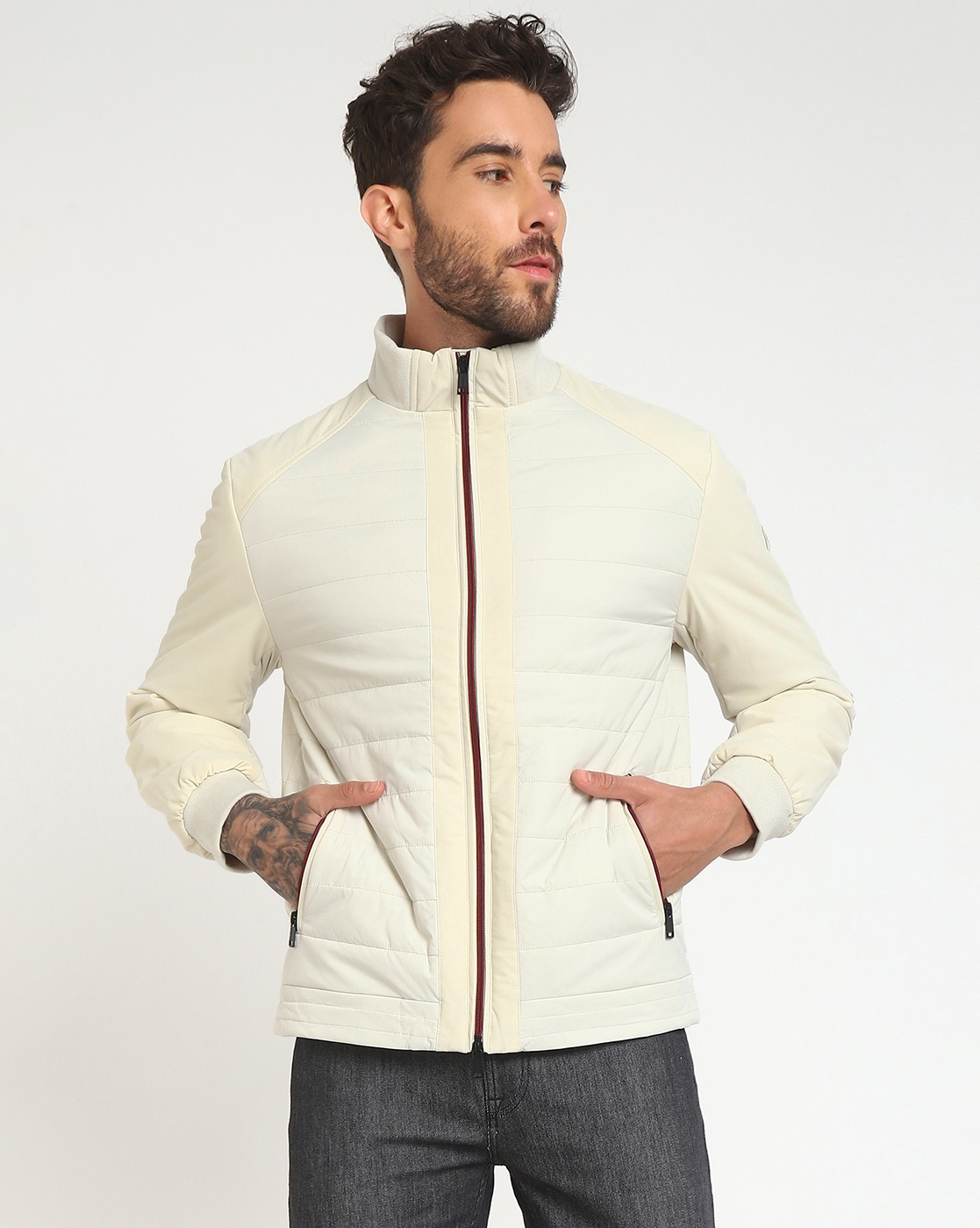 Men's Beige Polyamide Quilted Regular Fit High Neck Full Sleeve Jacket
