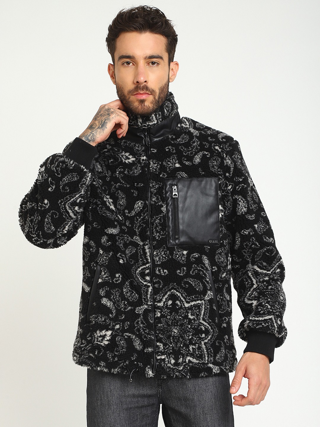 Black Polyester Printed Sherpa Jacket