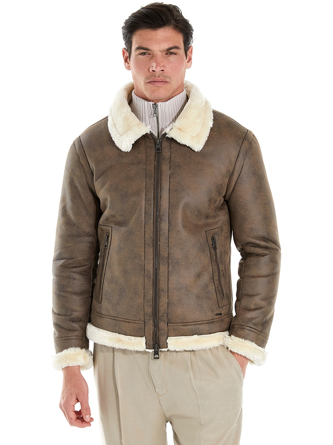 Brown Polyurethane Solid Shearling Aviator Jacket