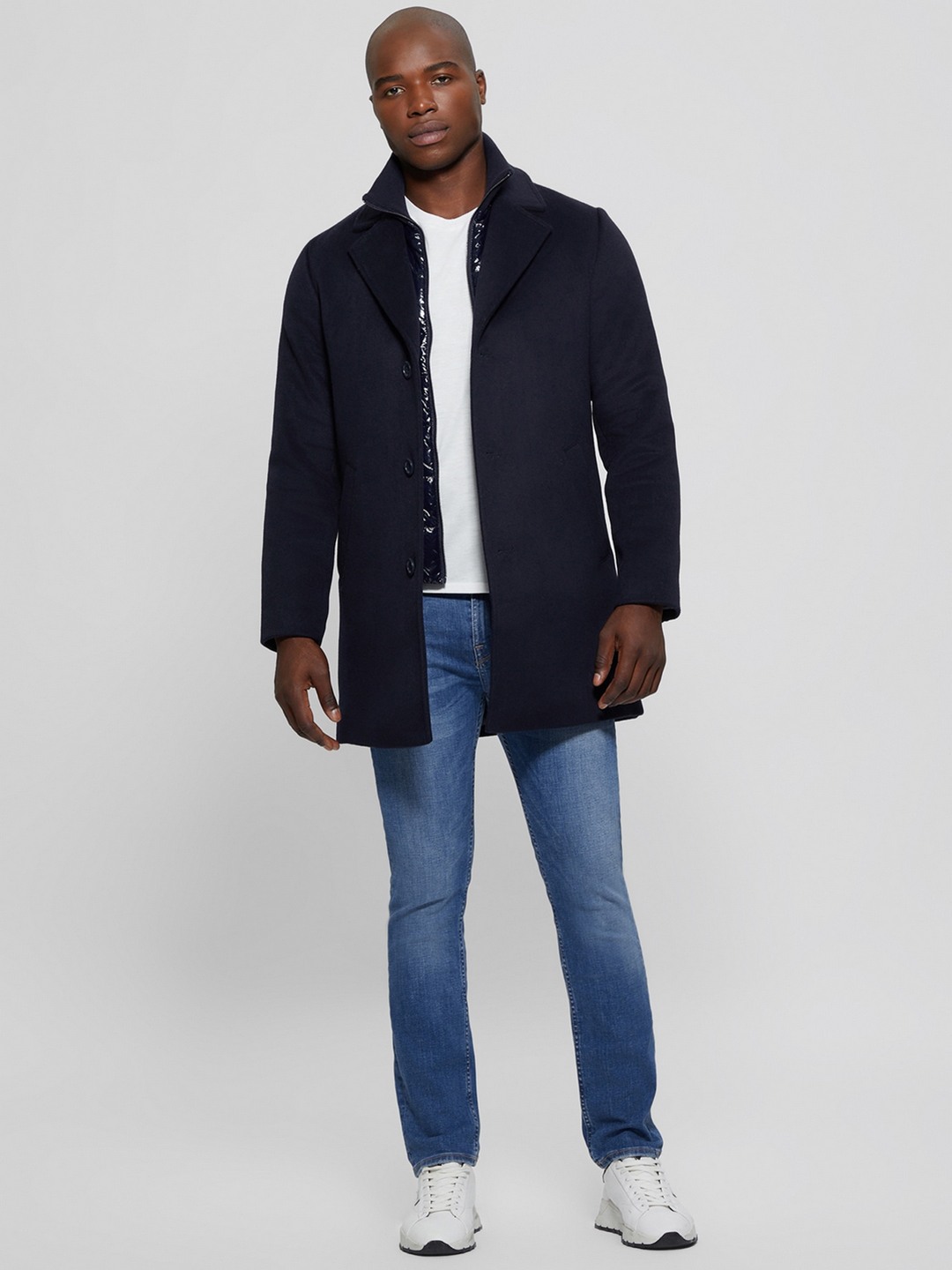 Blue Polyester Blend Solid Lapel Collar Coat