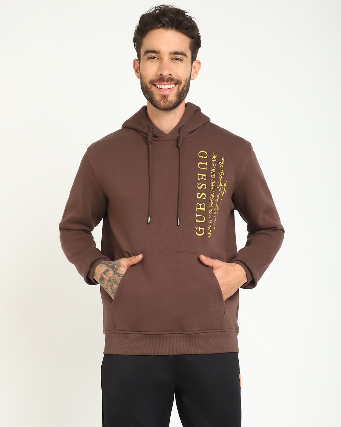 Men's Brown Polycotton Embroidered Regular Fit Hooded Neck Full Sleeve Sweatshirt