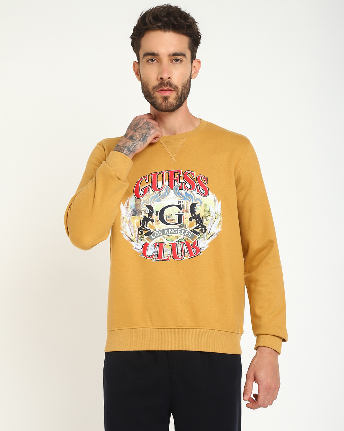 Men's Mustard Polycotton Printed Regular Fit Crew Neck Full Sleeve Sweatshirt
