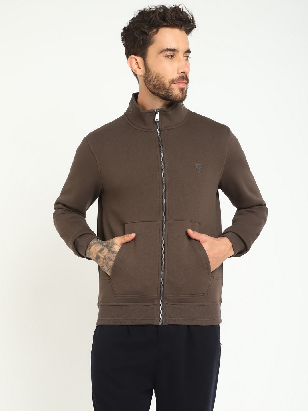 Brown Solid High Neck Full Sleeves Zip Through Sweatshirt