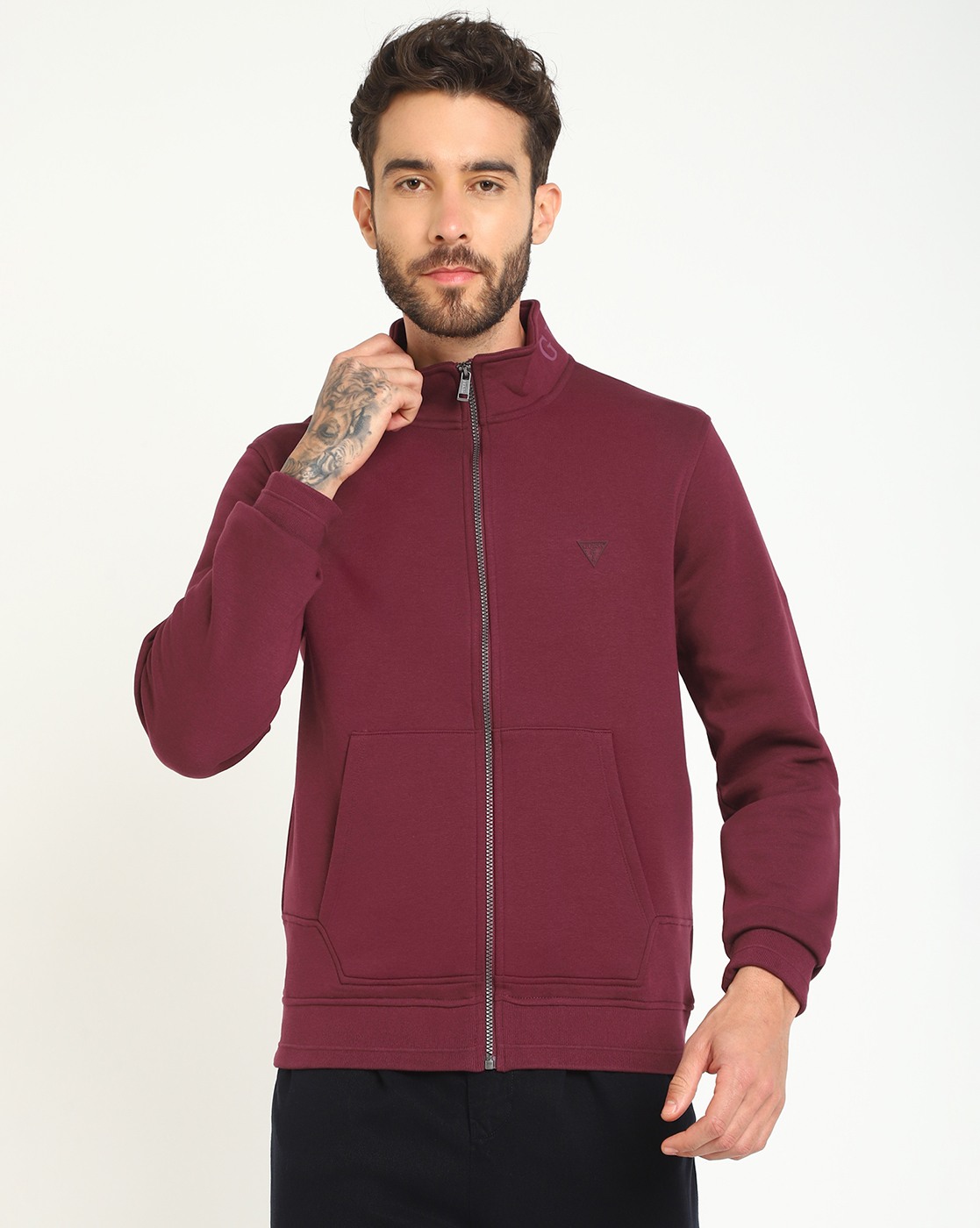 Men's Maroon Polycotton Solid Regular Fit High Neck Full Sleeve Jacket
