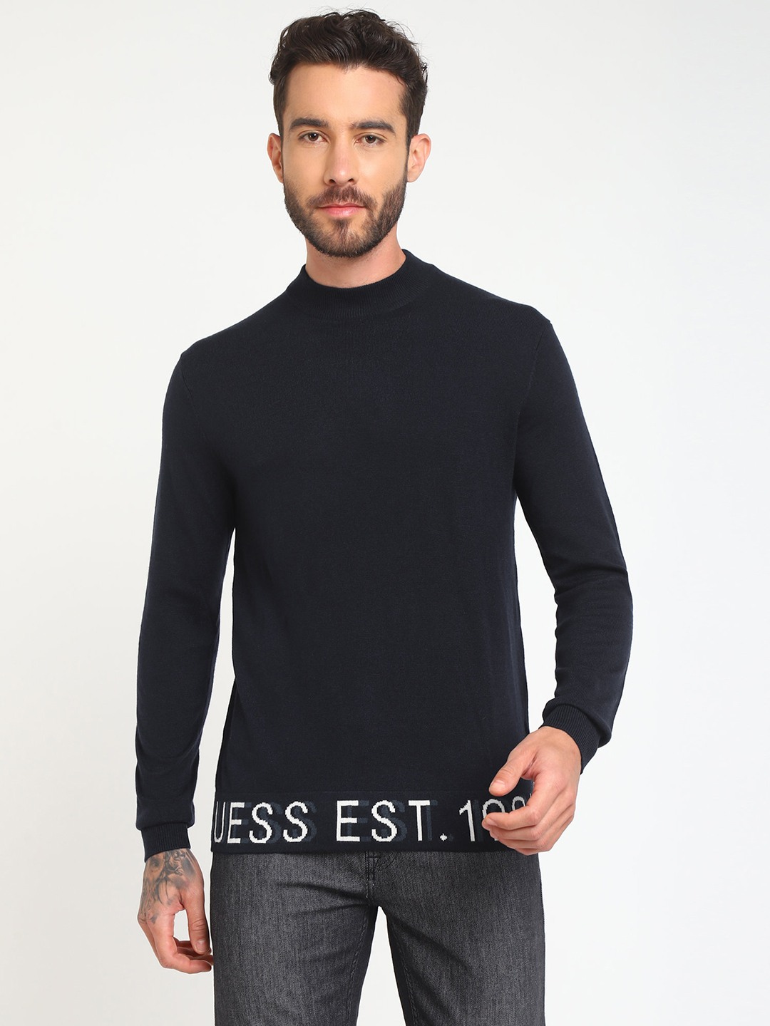 Navy Blue Solid High Neck Sweater