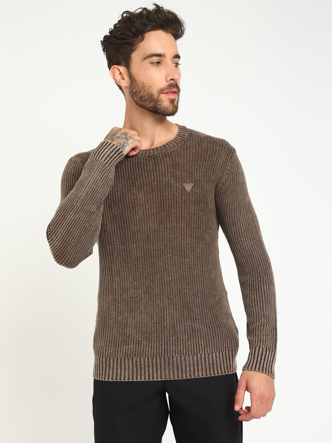 Khaki Textured Crew Neck Sweater