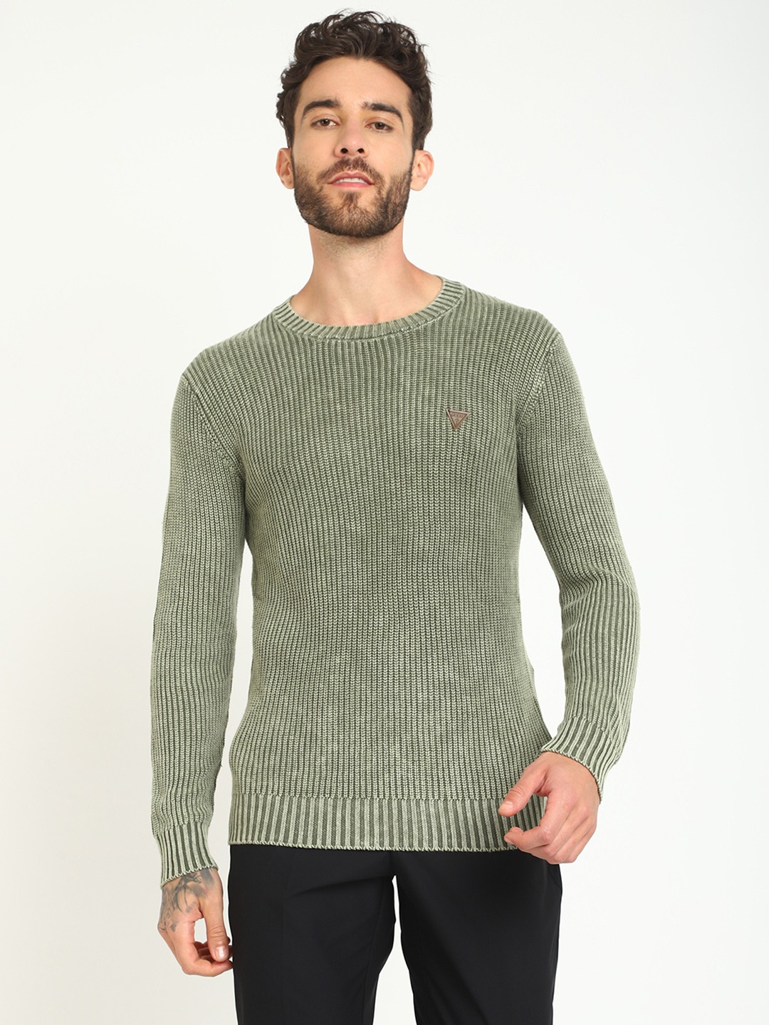 Green Cotton Blend Textured Pullover Sweater