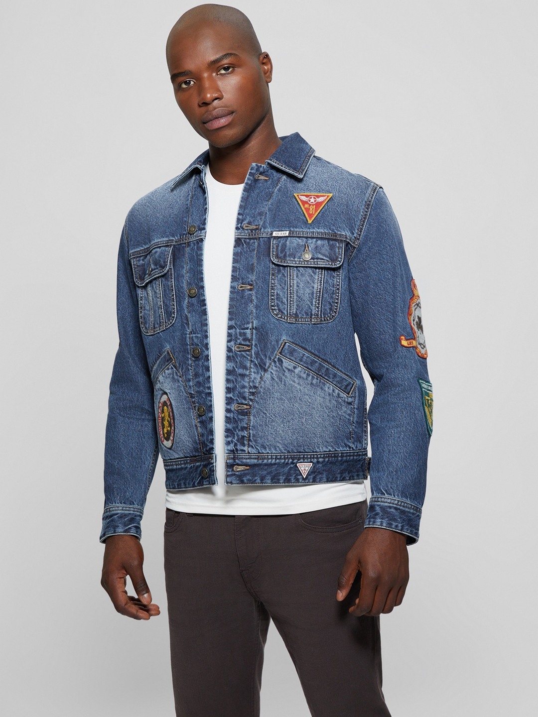 Guess Men Embroidered Spread Collar Long Sleeves Denim Jacket