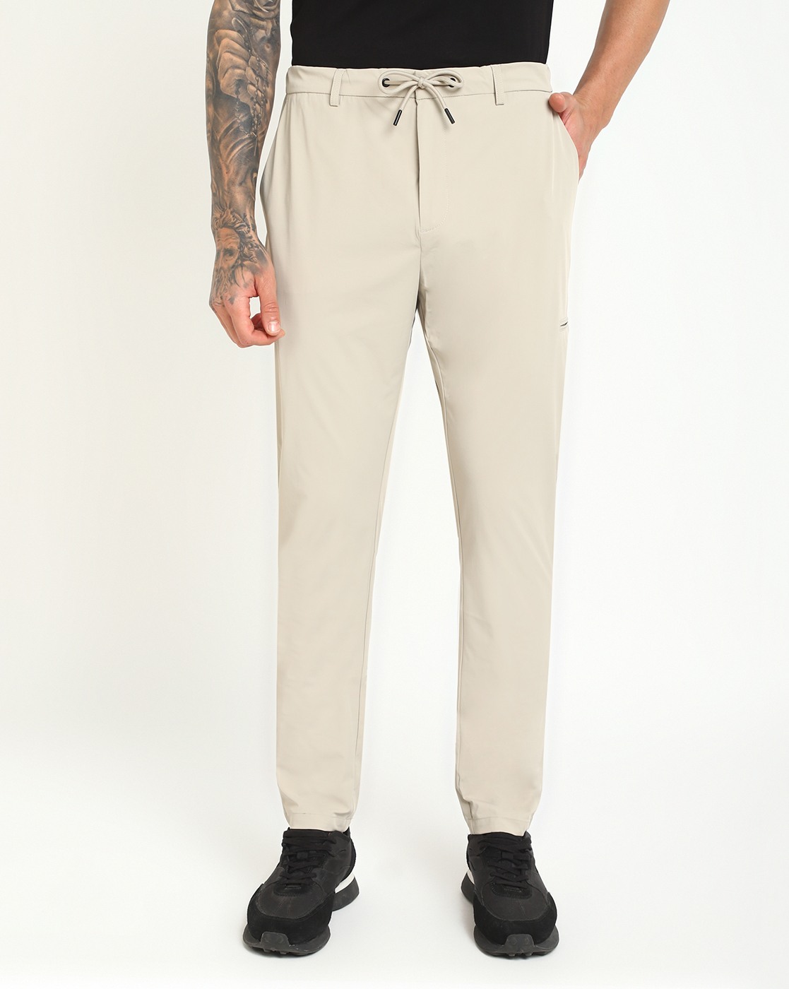 Beige Polyamide Solid Slim Fit Trouser