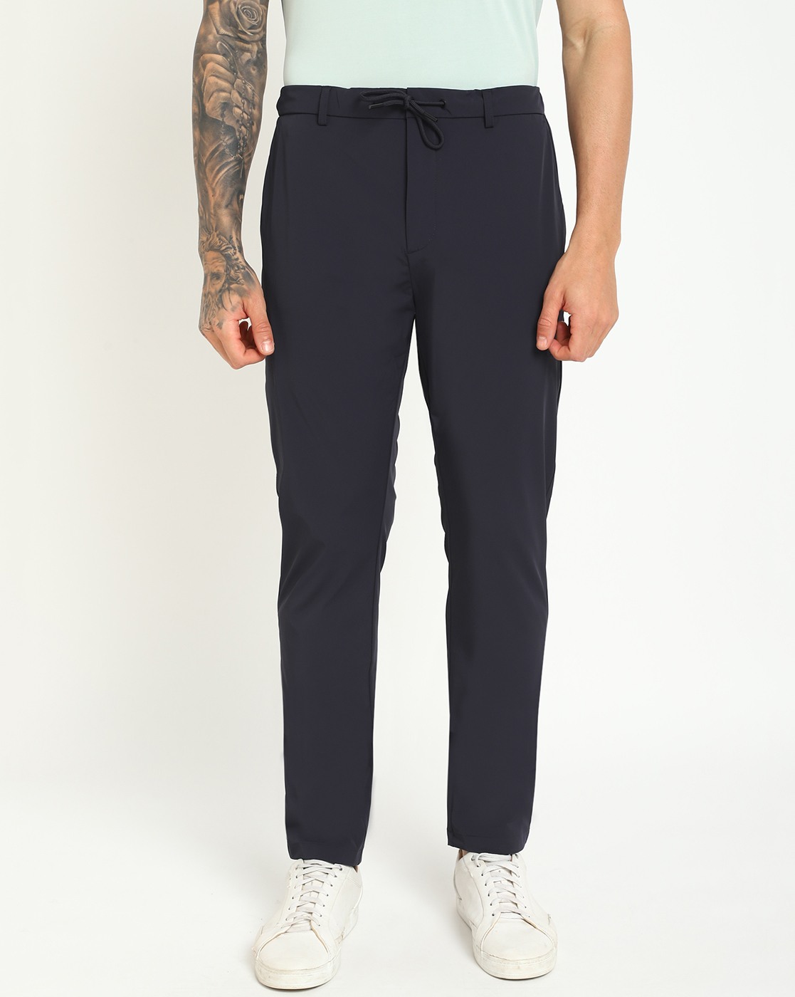 Navy Blue Polyamide Solid Slim Fit Trouser