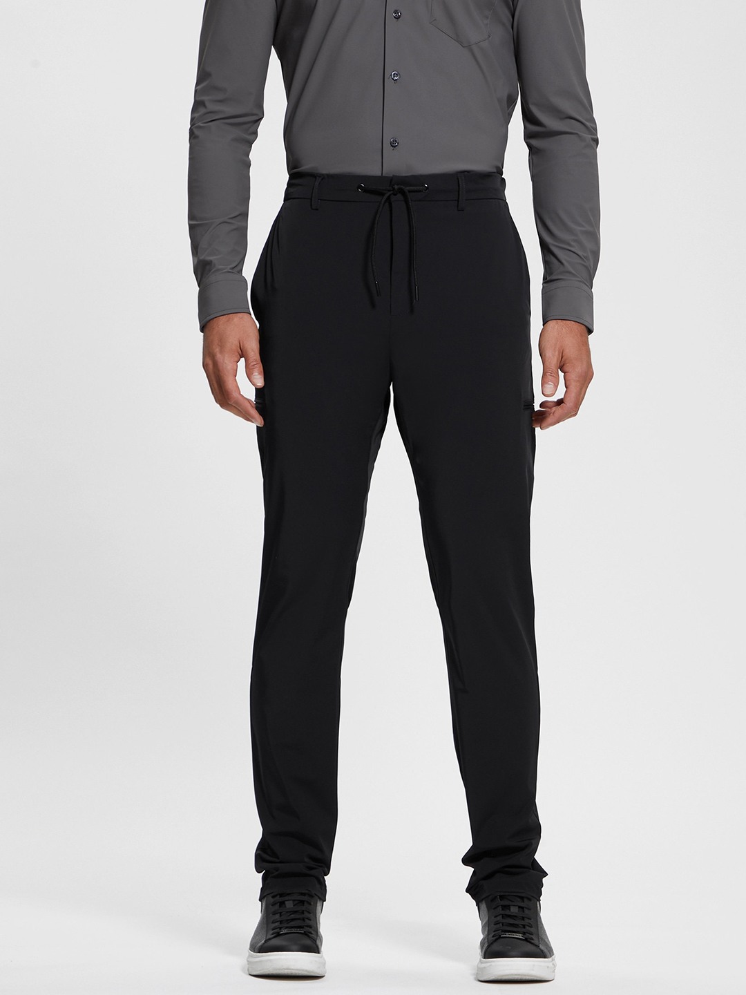 Black Polyamide Blend Solid Slim Fit Trouser